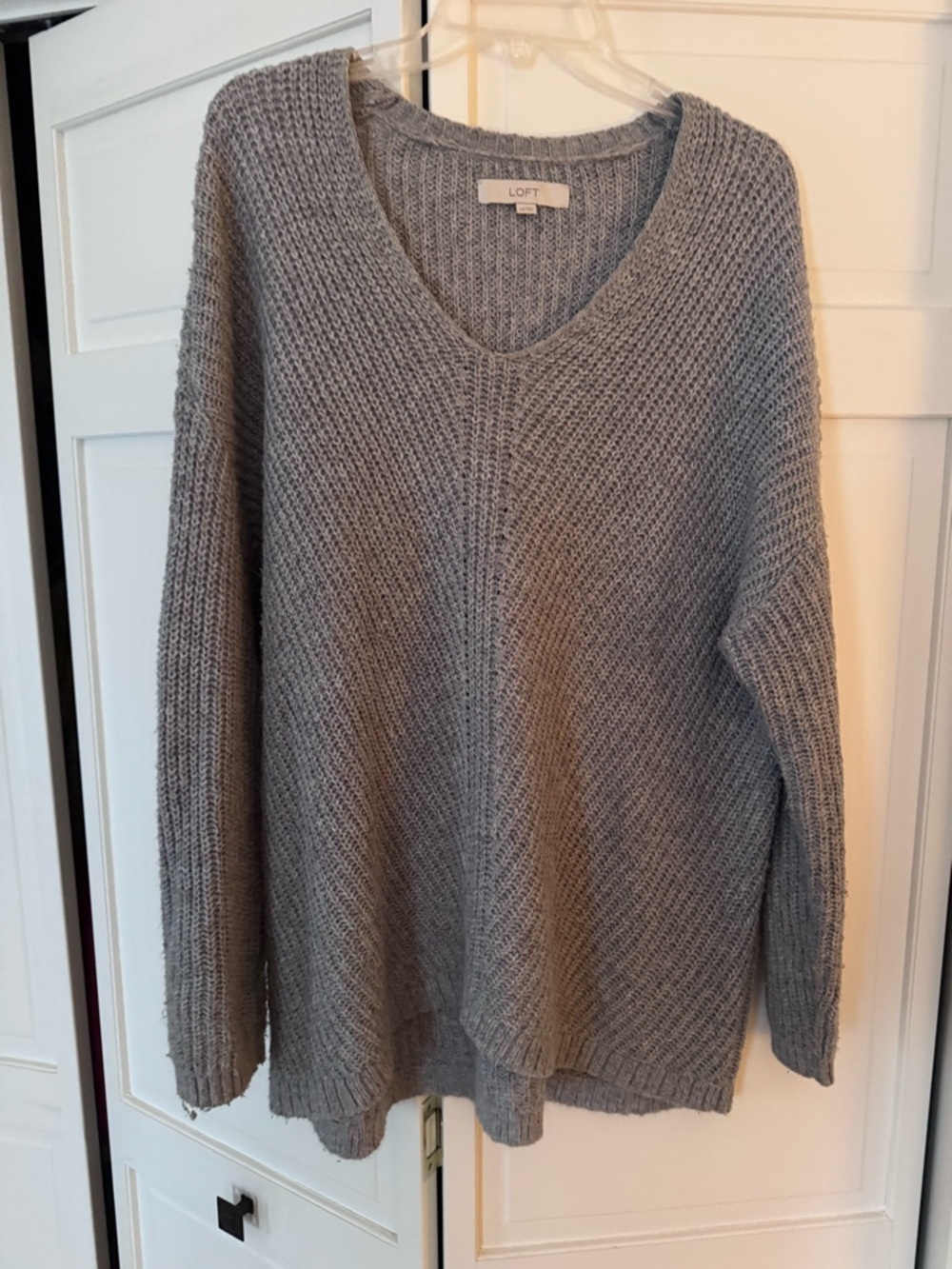 LOFT Gray V-Neck Chunky Knit Sweater